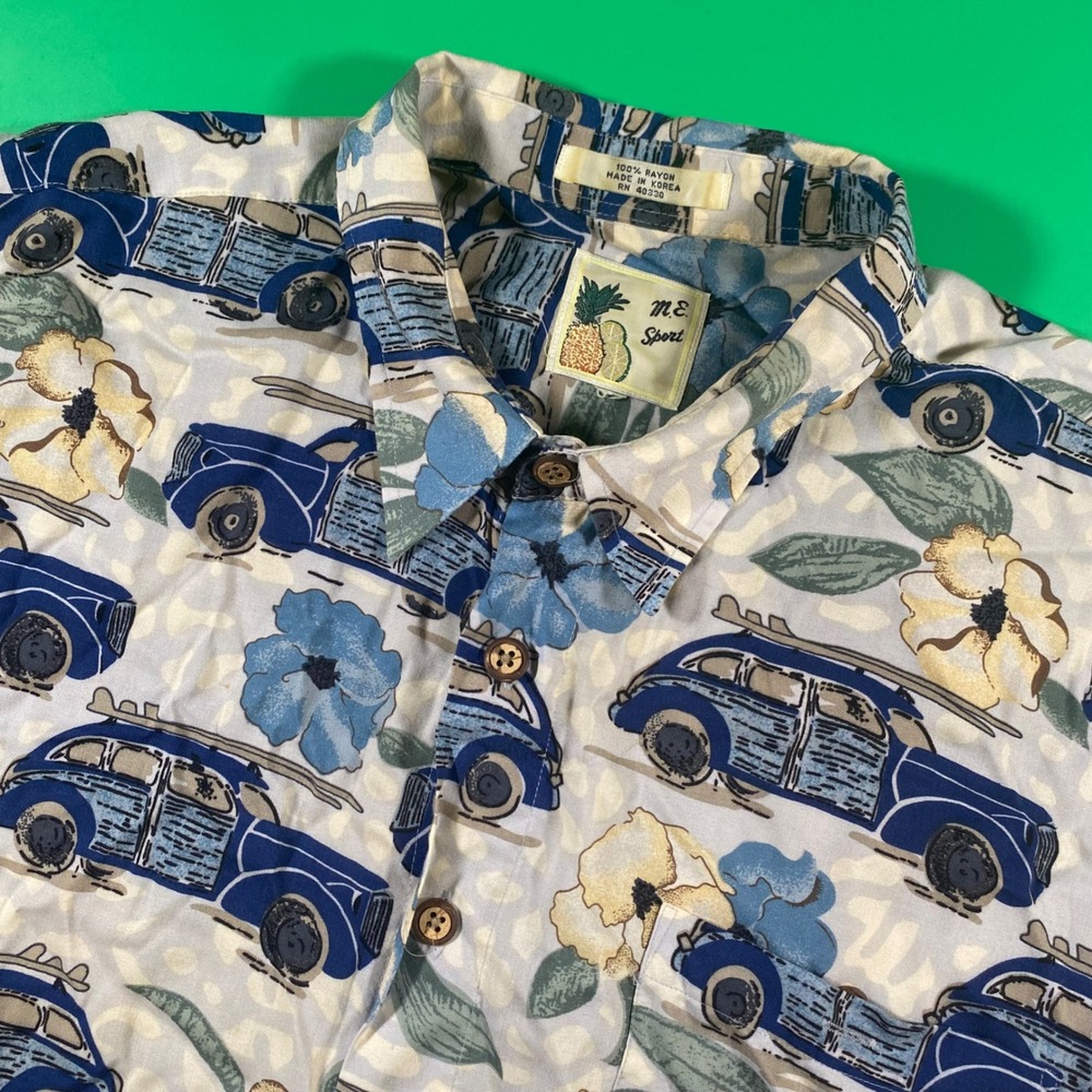 M.E. Sport Mens‎ Rayon Aloha Shirt Surf Car Floral Print Vacation Casual